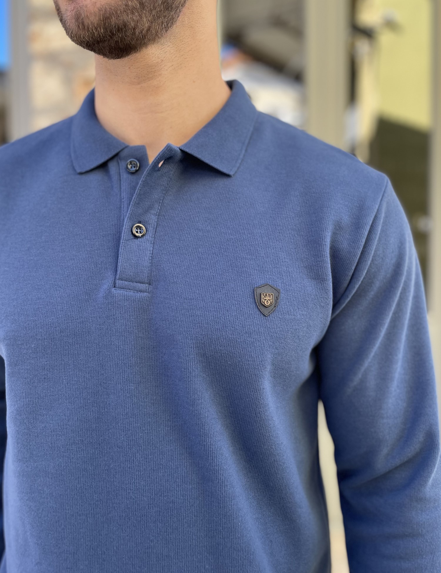 Everbest Ανδρική μπλε Indigo Polo μακρυμάνικη μπλούζα Plus size 261032I φωτογραφία